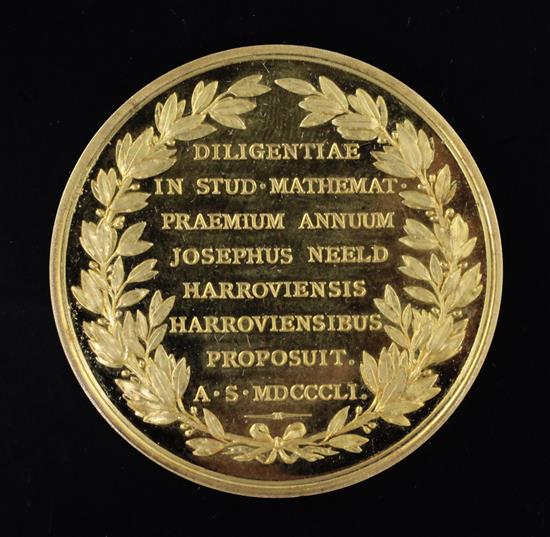 A cased 1920s Harrovian Joseph Neeld 18ct gold prize medal, awarded to B.A. Maples, 1924, 45mm.